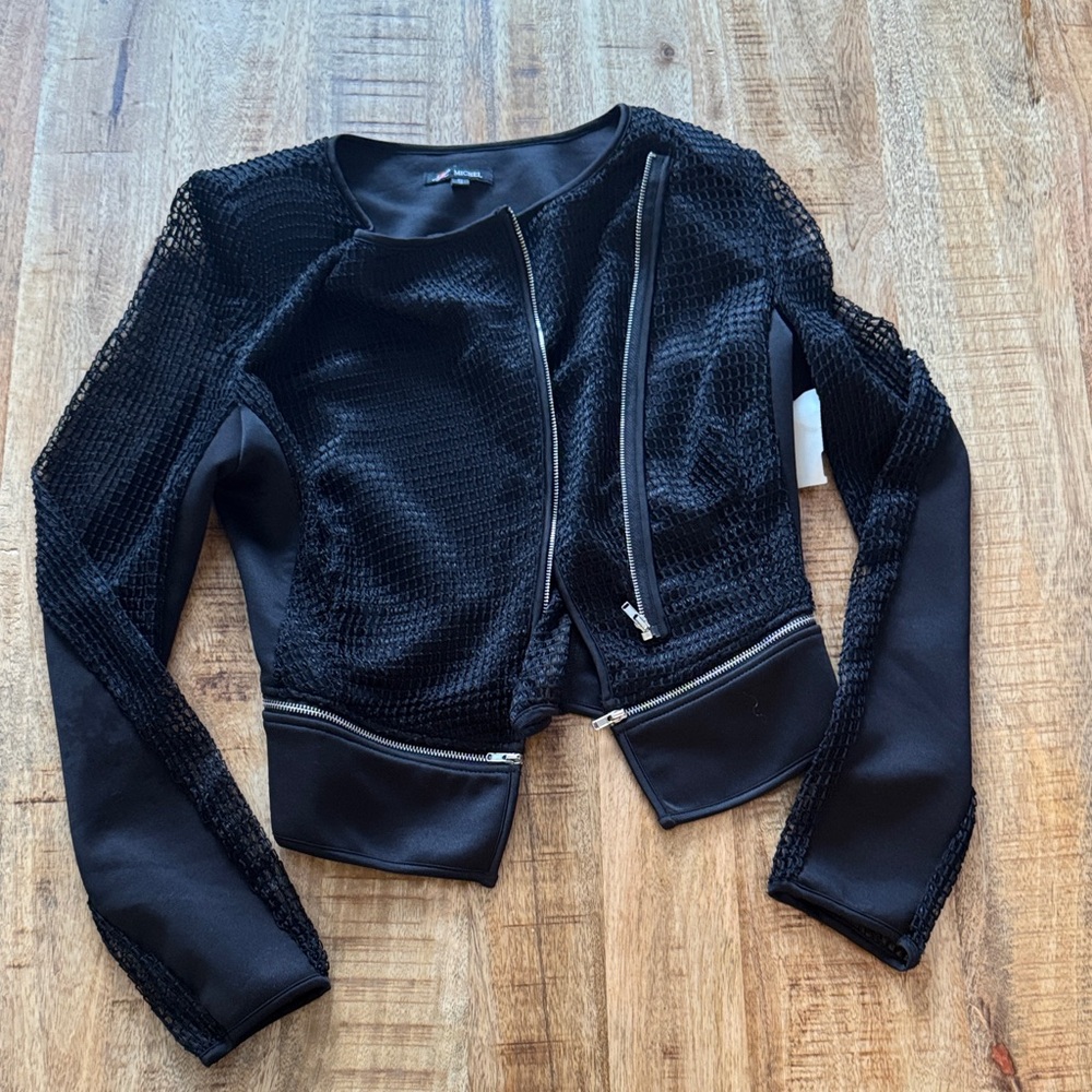 Michel Black Mesh Women's Blazer jacket zippers NWT small new semi sheer